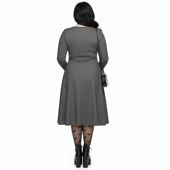 Plus Size Goth Bat Print Long Sleeve Pinup Dress with Pockets - Picture 11 of 17